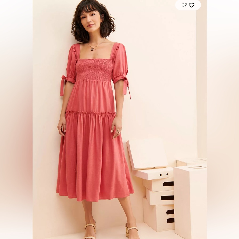 Girl & The Sun Wren Midi Dress Small Coral Puff Sleeve Linen Blend cottagecore